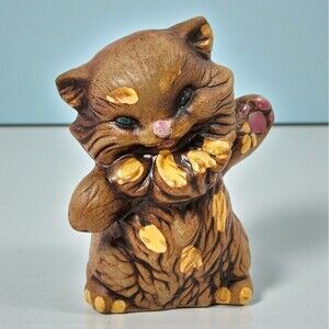 Vintage Waving Cat Figurine USA Pottery Lucky 13 Kitsch 4.5" MCM Cottage Farm